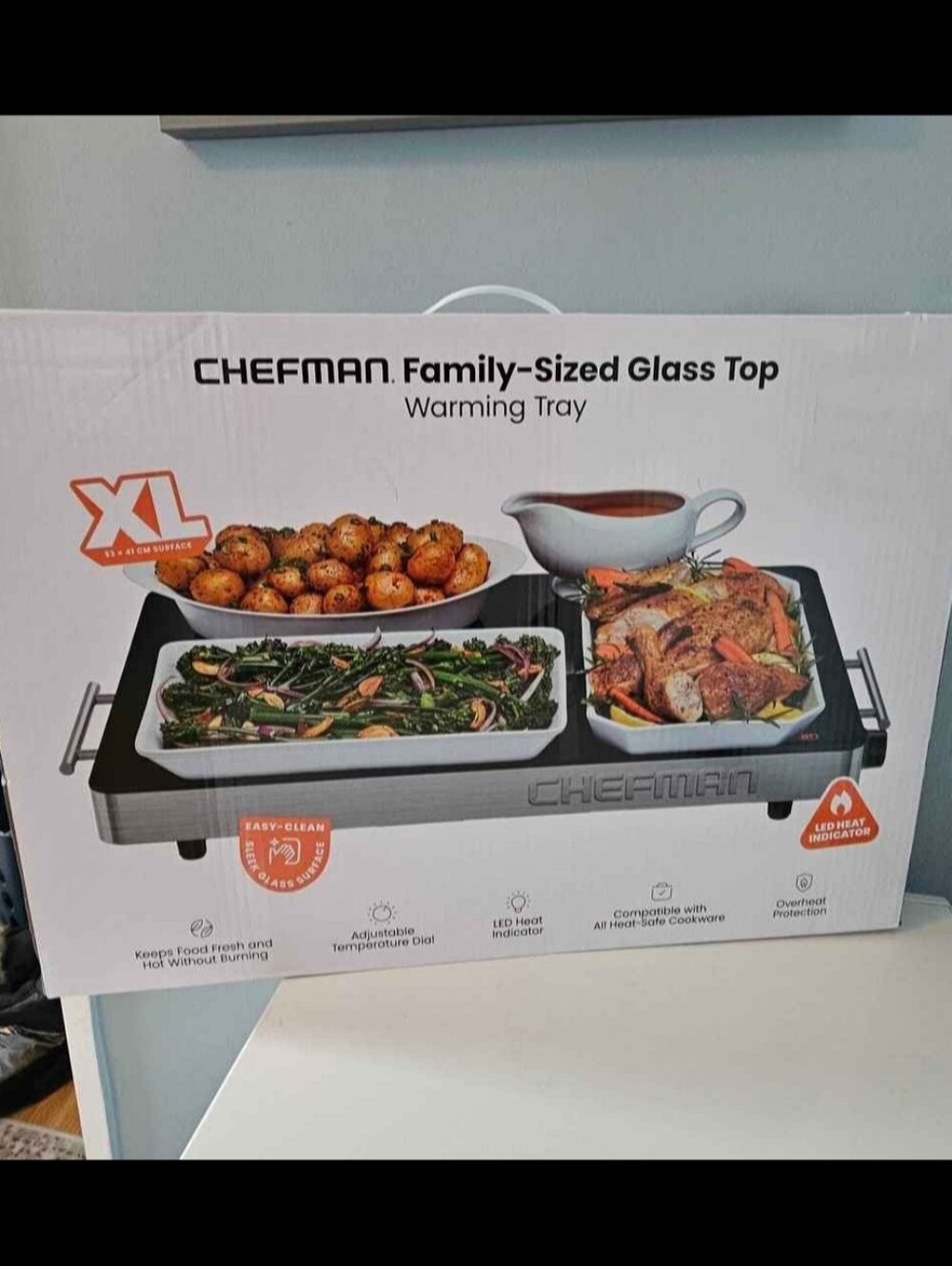 CHEFMAN XL Family-Sized Glass Top Warming Tray - Black/Silver